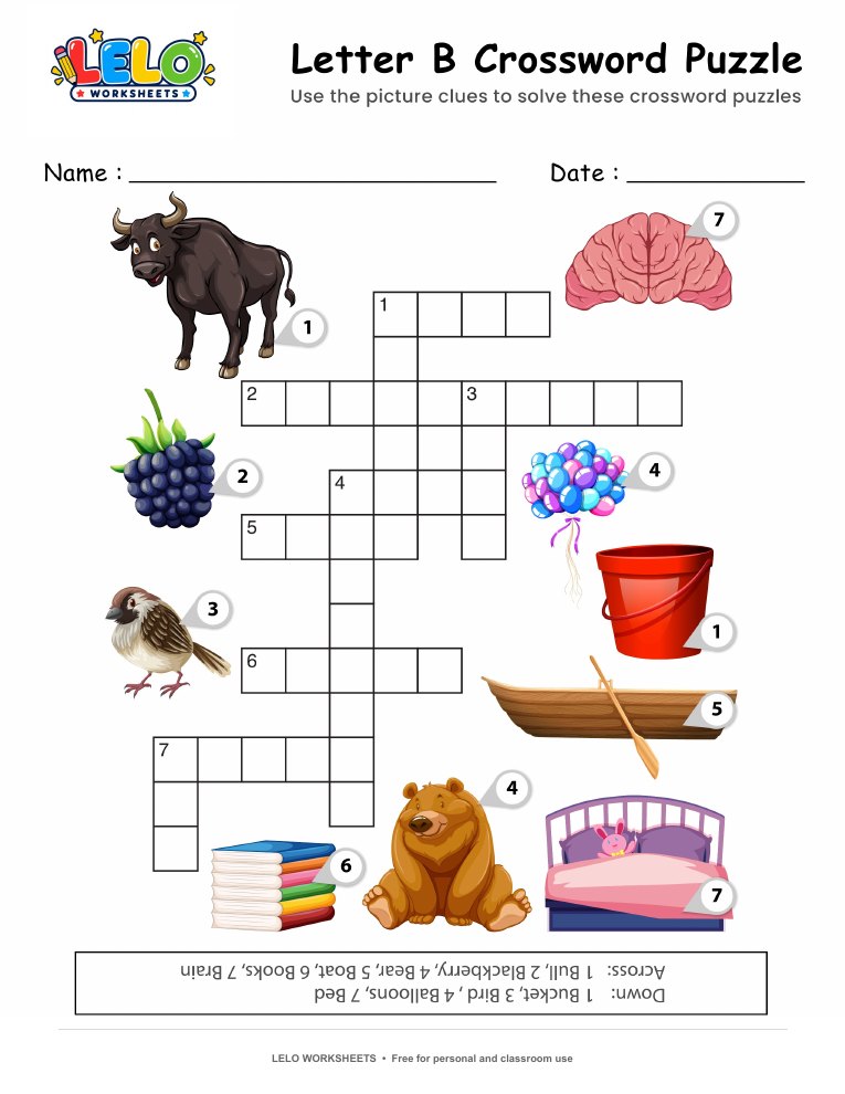 Letter B Crossword Puzzle Worksheet worksheet preview