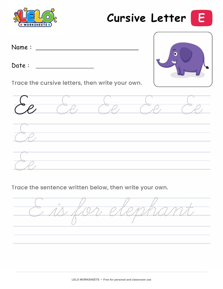 Letter E Cursive Writing Worksheet worksheet preview