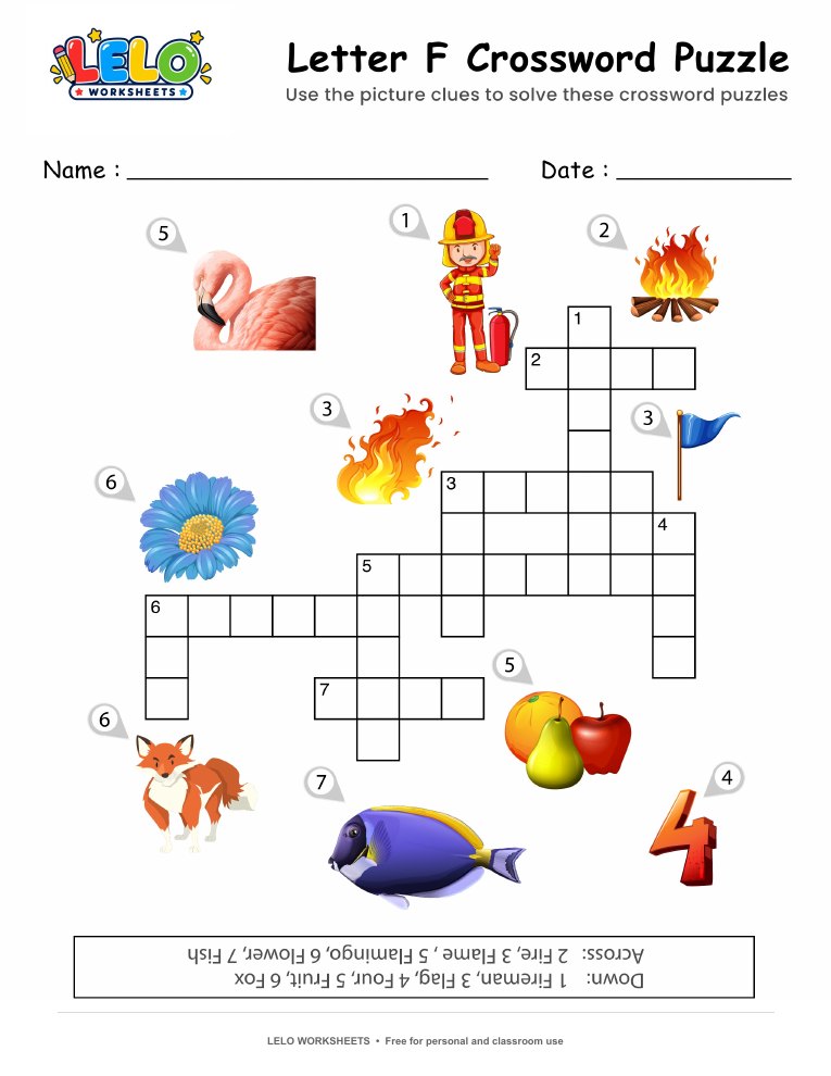 Letter F Crossword Puzzle Worksheet worksheet preview