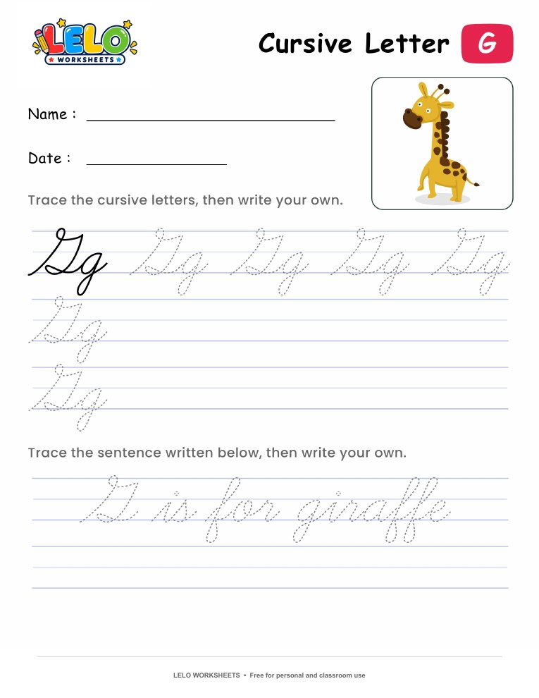 Letter G Cursive Writing Worksheet worksheet preview